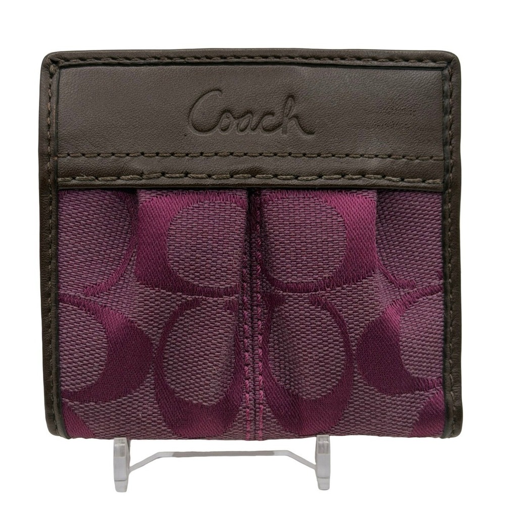 Coach Signature C Jacquard Compact Bifold Wallet Purple w/ Brown Leather Trim